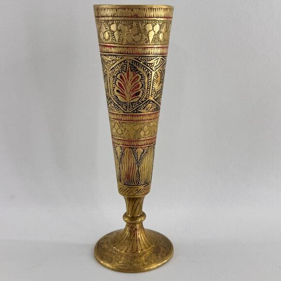 Vintage Solid Brass Bud Vase Hand Engraved Floral Feather Design 6.5" India - Picture 1 of 7